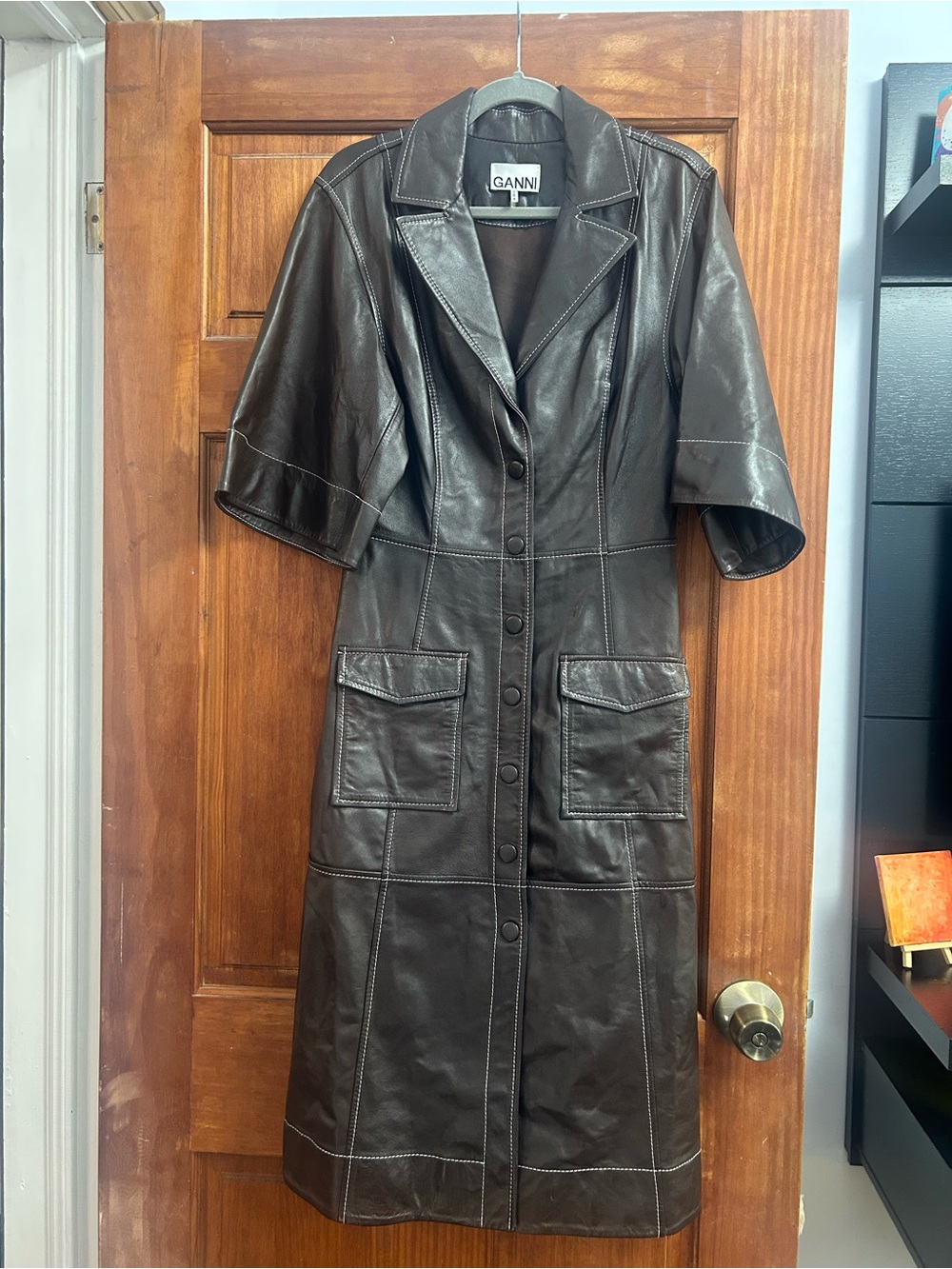 Ganni Dark Brown Leather Button-Front Midi Trench